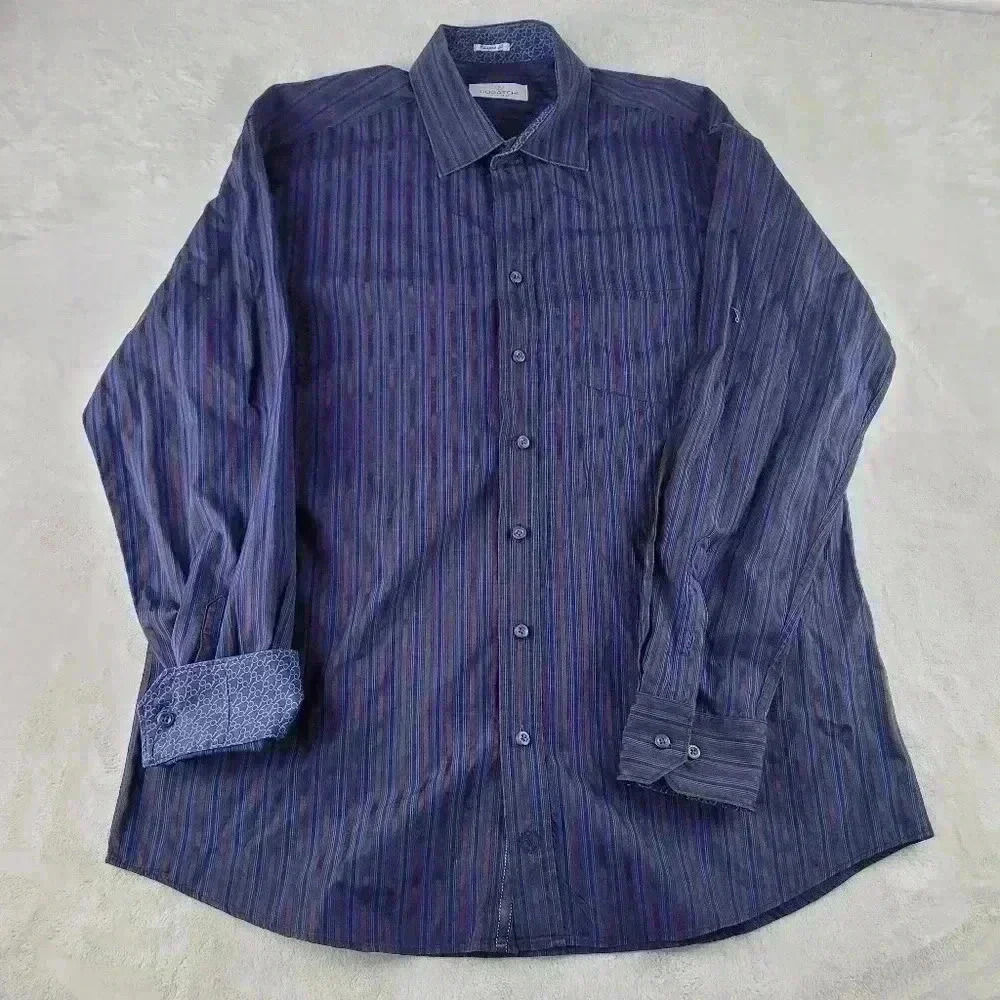 Bugatchi Shaped Fit Flip Cuff Button Up Shirt Men's Size XXL Purple Striped